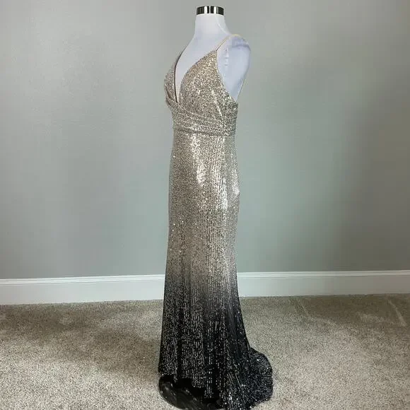 Mac Duggal Ombre Sequined Long Column Evening Gown Black and Gold Size 6 Dress - Picture 6 of 13